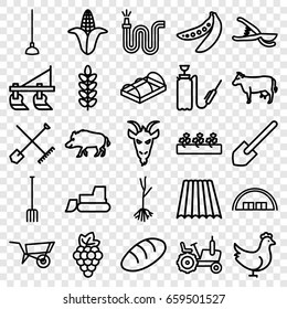 Agriculture icons set. set of 25 agriculture outline icons such as hog, cow, goat, field, shovel and rake, chicken, grape, corn, bread, wheel barrow, tractor, barn, shovel