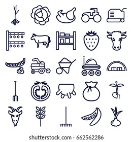 Agriculture icons set. set of 25 agriculture outline icons such as cow, goat, udder, chicken, onion, peas, cabbage, tractor, barn, lawn mower, construction, pitchfork, rake