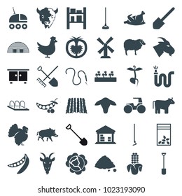 Agriculture icons. set of 36 editable filled agriculture icons such as cow, goat, chicken, cabbage, sheep, turkey, mill, shovel, hoe, water hose, sprout plants, ground heap