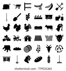 Agriculture icons. set of 36 editable filled agriculture icons such as field, harvest, shovel and rake, chicken, barn, hay, peas, bread, beehouse, cow, turkey, goat