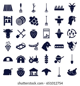 Agriculture icons set. set of 36 agriculture filled icons such as field, harvest, shovel and rake, goat, chicken, turkey, hay, grape, peas, corn, tractor, scarecrow, cow, barn