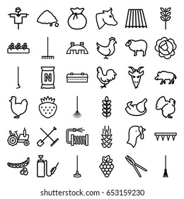 Agriculture icons set. set of 36 agriculture outline icons such as hog, cow, sheep, chicken, turkey, goat, wheat, field, shovel and rake, barn, grape, peas, cabbage, tractor