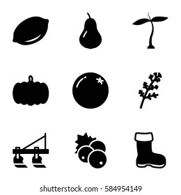 Agriculture icons set. Set of 9 Agriculture filled icons such as plant, currant, pumpkin, orange, pear, deel, lemon, boot