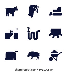 agriculture icons set. Set of 9 agriculture filled icons such as cow, udder, turkey, hog, lawn mower, construction, tractor, water hose