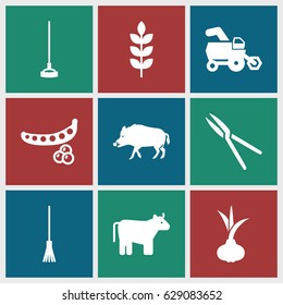 Agriculture icons set. set of 9 agriculture filled icons such as wheat, cow, onion, peas, tractor, hog, rake, hoe