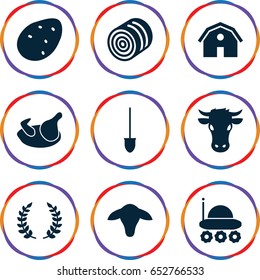 Agriculture icons set. set of 9 agriculture filled icons such as goat, chicken, hay, potato, cow, barn, shovel, olive branch