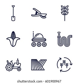 agriculture icons set. Set of 9 agriculture outline icons such as field, harvest, corn, tractor, shovel, garden tools, water hose