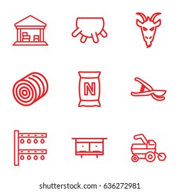 Agriculture icons set. set of 9 agriculture outline icons such as goat, udder, hay, beehouse, tractor, garden tools, irrigation system, bag with ground