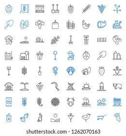 agriculture icons set. Collection of agriculture with carrot, wheelbarrow, chicken, scarecrow, field, olive oil, strawberry, peas, farm house. Editable and scalable agriculture icons.