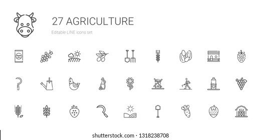 agriculture icons set. Collection of agriculture with carrot, shovel, field, sickle, strawberry, wheat, farmer hoeing, windmill, sunflower. Editable and scalable agriculture icons.