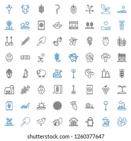 agriculture icons set. Collection of agriculture with seeds, farmer, watering can, barn, cornucopia, chicken, shovel, windmill, lawn. Editable and scalable agriculture icons.