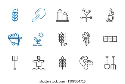 agriculture icons set. Collection of agriculture with shovel, beans, wheat, scarecrow, garden, hay bale, sunflower, sprout, wheelbarrow. Editable and scalable agriculture icons.