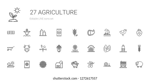 agriculture icons set. Collection of agriculture with straw bale, olive, wheelbarrow, barn, sunflower, seeds, field, windmill, corn, weather vane. Editable and scalable agriculture icons.