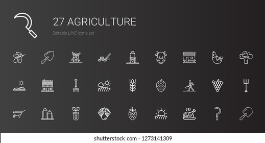 agriculture icons set. Collection of agriculture with turkey, field, strawberry, sprout, silo, wheelbarrow, farmer hoeing, wheat, rake. Editable and scalable agriculture icons.