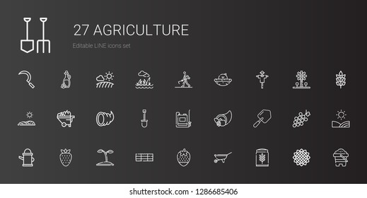 agriculture icons set. Collection of agriculture with wheat, wheelbarrow, strawberry, hay bale, seed, watering can, shovel, cornucopia. Editable and scalable agriculture icons.