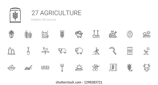 agriculture icons set. Collection of agriculture with wheat flour, olive, field, garden, hay bale, lawnmower, chick, sickle, farmer hoeing. Editable and scalable agriculture icons.