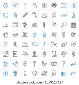 agriculture icons set. Collection of agriculture with wheelbarrow, wheat, fertilizer, turkey, cow, rake, corn, lawnmower, sickle, cornucopia. Editable and scalable agriculture icons.