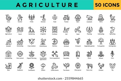 Agriculture icons set with farm, farmer, crops, harvest, field, tractor, barn, livestock, dairy, poultry icon. Simple line vector 
