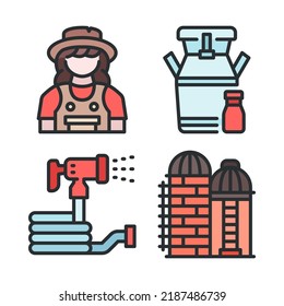 agriculture icons set = girl farmer, milk tank, water hose, silo. Perfect for website mobile app, app icons, presentation, illustration and any other projects