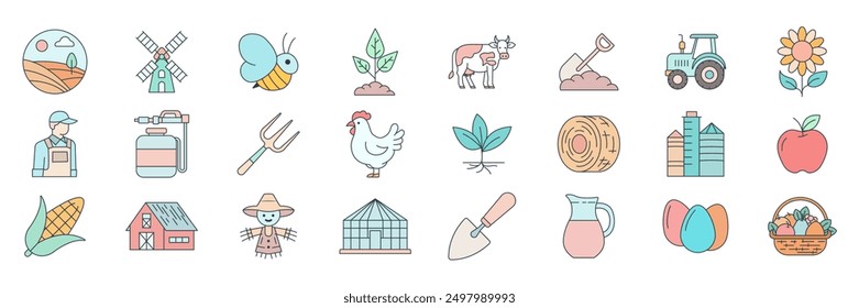 agriculture icons set, Included icons as Barn, Greenhouse, Hay Bale, Corn and more symbols collection, logo isolated vector illustration