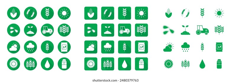 Agriculture icons set in three different style, vector eps