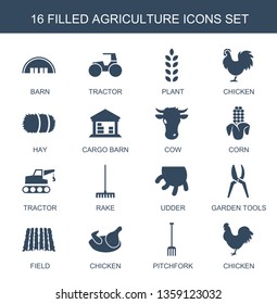 agriculture icons. Trendy 16 agriculture icons. Contain icons such as barn, tractor, plant, chicken, hay, cargo barn, cow, corn, rake, udder. agriculture icon for web and mobile.