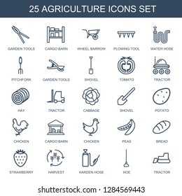 agriculture icons. Trendy 25 agriculture icons. Contain icons such as garden tools, cargo barn, wheel barrow, plowing tool, water hose, pitchfork. agriculture icon for web and mobile.