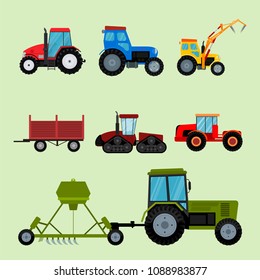 Agriculture industrial farm equipment machinery tractors combines and excavators vector illustration.