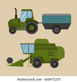 Agriculture industrial farm equipment machinery tractor combine and excavator rural machinery corn car harvesting wheel vector illustration.