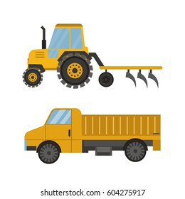 Agriculture industrial farm equipment machinery tractor combine and excavator rural machinery corn car harvesting wheel vector illustration.