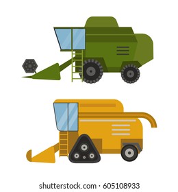 Agriculture industrial farm equipment machinery tractor combine and excavator rural machinery corn car harvesting wheel vector illustration.