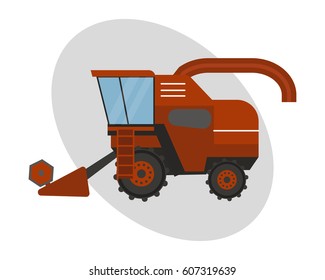 Agriculture industrial farm equipment machinery tractor combine and red rural machinery corn car harvesting wheel vector illustration.