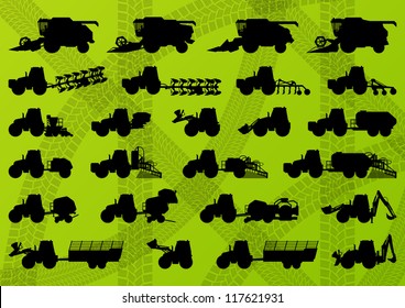 Agriculture industrial farming equipment tractors, trucks, harvesters, combines and excavators detailed silhouettes illustration collection  background vector