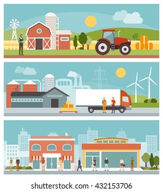 Agriculture, industrial production, transport and commerce banners set, city and landscapes with buildings and people