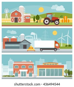 Agriculture, industrial production, transport and commerce banners set, city and landscapes with buildings and machinery