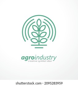 Agriculture industry creative logo design concept with grin plant and round shapes. Farming symbol idea. Agricultural vector icon layout.