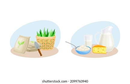 Industria agrícola y conjunto de objetos agrícolas. Ilustración vectorial de la producción de productos lácteos y de jardinería