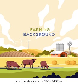 Agriculture industry, farming and animal husbandry concept. Rural landscape with copy space for text. Vector illustration.