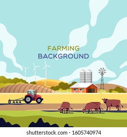 Industria agrícola, agricultura y ganadería. Paisaje rural con espacio de copia para texto. Ilustración vectorial.