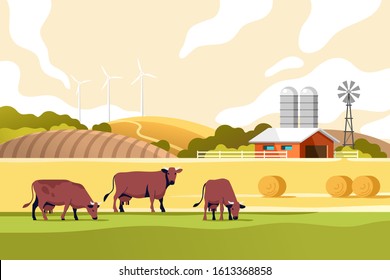 Agriculture industry, farming and animal husbandry concept. Summer rural landscape with cows, fields and farm. Vector illustration.