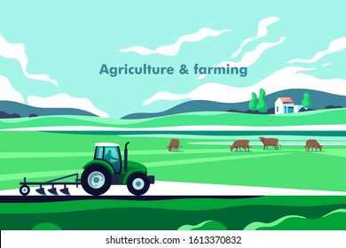 Agriculture industry, farming and animal husbandry concept. Rural landscape with copy space for text. Vector illustration.