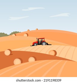 Agriculture industry, farming field with a tractor. Rural landscape with copy space for text. Vector illustration.