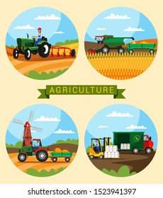 Agriculture industry flat vector illustrations set. Ploughing tractor, combine harvester farmland heavy machinery. Cartoon farmer working in field. Horticulture cultivation technology banner design