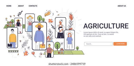 Agriculture industry professionals farming concept diverse people in frames with plants and farm elements colorful background website banner minimalistic thin line art