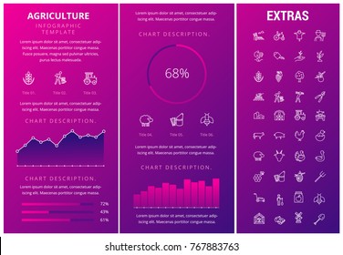Agriculture infographic template, elements and icons. Infograph includes customizable graphs, charts, line icon set with agriculture food, farm animal, agricultural business, organic vegetables etc.