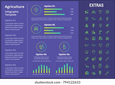 Agriculture infographic template, elements and icons. Infograph includes customizable graphs, four options, line icon set with agriculture food, farm animal, agricultural business, farming tools etc.
