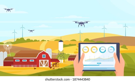 Agriculture Innovation Digital Farmers Technology Vector Illustration. Cartoon Farm Landscape Scenery, Human Hands With Tablet, Robot Drone At Agricultural Field For Smart Farming System Background
