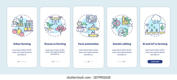 Agriculture innovation onboarding mobile app page screen with concepts. Farm automation. Urban farming walkthrough 5 steps graphic instructions. UI vector template with RGB color illustrations
