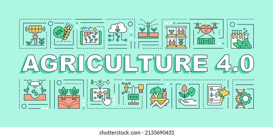 Agriculture innovations word concepts mint banner. Farm industry. Infographics with icons on color background. Isolated typography. Vector illustration with text. Arial-Black font used