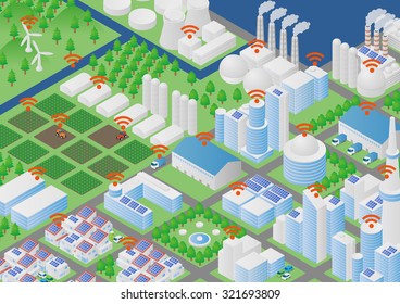 agriculture with IoT (Internet of Things), sensor network, landscape illustration